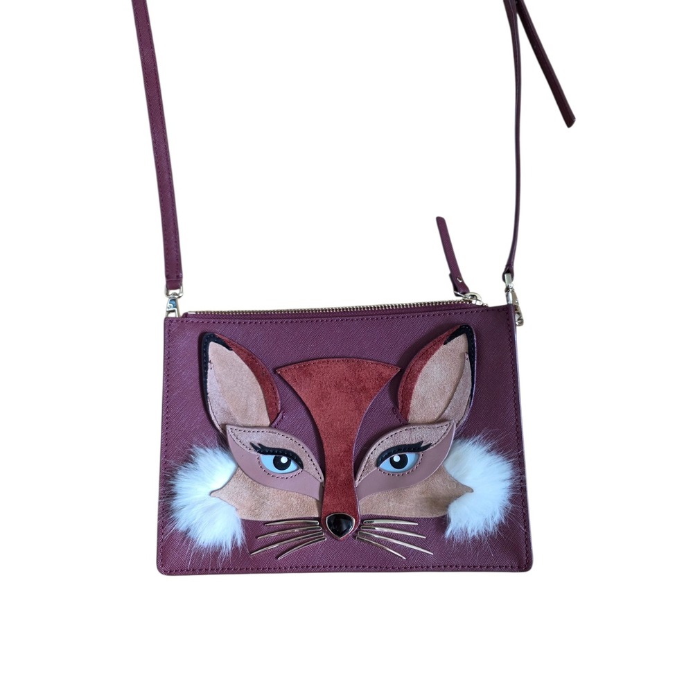 Kate Spade New York Fox Crossbody Bag Burgundy Saffiano Leather Whimsical Purse - Picture 1 of 10